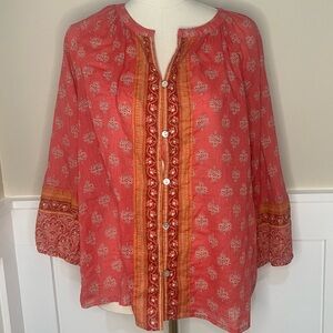 J. Jill Pink Red Floral Cotton Printed Border Voile Boho Top Women's Petite L